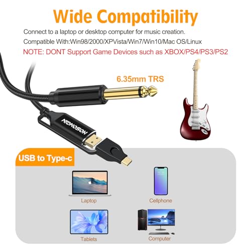 HOSONGIN USB Guitar Cable, Dual USB-C and USB-A Connectors, 16-bit/48kHz High-Fidelity Audio Adapter for Electric Guitar/Bass, Compatible with GarageBand, Audacity, and MacBook, 10 Feet