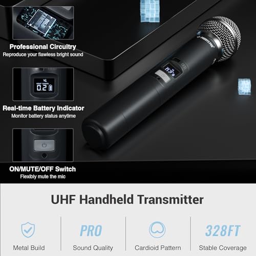 Phenyx Pro 4-Channel UHF Auto Scan Wireless Microphone System PTU-7000-2H2B | 2 Handheld Mics, 2 Bodypacks, Headset/Lapel Mics, 4 x 40 Frequencies, 328 ft, Mics for speaking, church, wedding, meeting