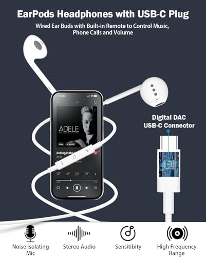 esbeecables USB C 헤드폰 유선, 마이크 및 리모컨이 있는 타입 C 이어폰, 노이즈 캔슬링 인이어 이어버드, 아이폰 17/16/15 프로 맥스, 삼성 S25, 아이패드, 맥북, 픽셀 등과 호환 가능 | 유선 USB C 이어폰/이어버드, 내장 리모컨, 음악/전화 통화/볼륨 제어, 아이폰 17/16/15/갤럭시와 호환 가능 - color: 화이트 USB C 헤드폰