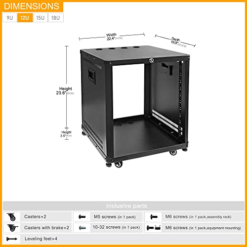 RIVECO POMU 12U Network & Stereo Rack with Caster Wheels, Rolling Server Rack Open Cabinet for 19 inches Audio Video Musical & IT Equipment Mounting, Round & Square Holes, Build in Handles Heavy Duty - size: 12U