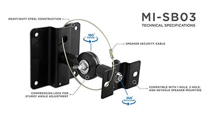Mount-It! Speaker Mount for Wall and Ceiling, Low Profile Heavy Duty, Anti-Theft, Universal for Channel Surround Sound and Satellite Speakers, Black, 2 Mounts - size: 2 Pack