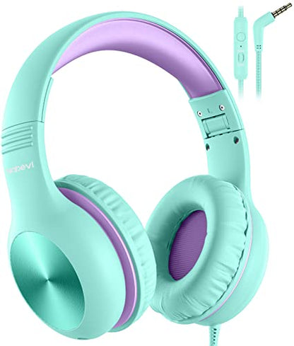 Nabevi Kids Headphones with Microphone, Over-Ear Headphones for Kids with Sharing Function, 85dB/94dB Safe Volume Limit, Wired Headphone for Children, Kid Headset for School, Tablet, Travel, Green - color: Green