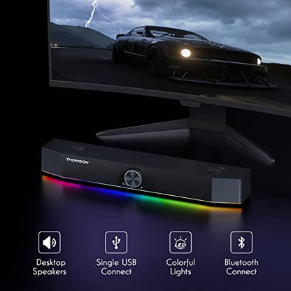 THOMSON Computer Speakers, Bluetooth Computer SoundBar, Dynamic RGB PC Speakers with 10W Stereo Sound, 3.5mm Aux-in Connection, USB Powered Computer Speakers for PC, Desktop Monitor, Laptop, Tablets