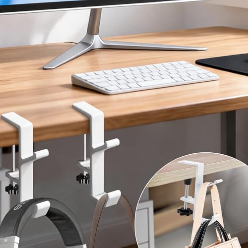 Desk Mount Bag Holder Hook Clamp, Bag Hook 2 Pcs-Double Hook White | Portable Purse Hook for Table, Reduce Desk Clutter, Desk Mount Headphones Holder, Backpack Hanger, Table Hanging Storage - color: 2 Pcs-Double Hook White