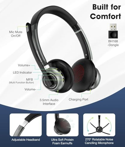 Wireless Headset with Microphone, 2025 New V5.3 Headset with USB Dongle, Computer Headphones QCC3034 CVC8.0 Noise Cancelling Technology & 30H Worktime, Mute Button for Home Office Skype