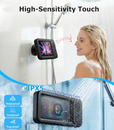 Shower Phone Holder with Bluetooth Speaker IPX6 Waterproof | 6-12H Playtime High-Sensitivity Touchscreen Rich Bass Sound Quality No-Drilling 360° Wall Mount for Bathroom Bathtub Kitchen - color: Charcoal gray