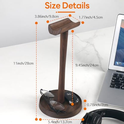 Wood Headphone Stand Headset Stand for Deak Universal Headphone Holder with Storgae Base Handcrafted Desk Organizer for Gaming Headsets(Black Walnut)