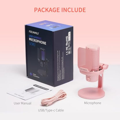 FEELWORLD VM1 Pink USB Gaming Condenser Microphone for pc, Desktop Stand - color: Pink