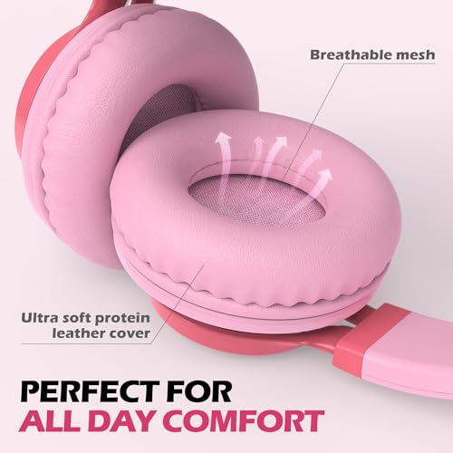 아동용 유선 헤드폰, 마이크 포함, 여학생, 3.5mm 잭, 핑크 | 온 이어 헤드셋 및 볼륨 컨트롤 접이식 유선 컴퓨터 크롬북 어린이 청소년 교실 온라인 학습 여행용 - color: 핑크, size: 미디엄