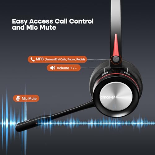 ENC Wireless Headset with Microphone for Mobile, Bluetooth Headset with Noise Cancelling Mic, USB Dongle & Charge Base for Office Work, for Calls Teams Zoom Webex Meeting, Telework
