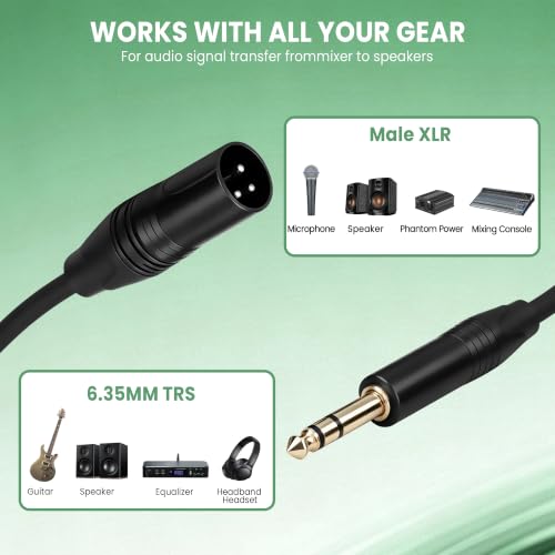 1/4 to XLR Cable 10 Feet - Balanced TRS to XLR Male Patch Cord - Heavy-Duty 6.35mm to XLR Male Audio Cable for Studio Monitors, Mixers, and Audio Interfaces (2 Pack)