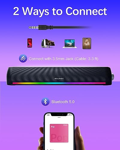 Nylavee Computer Speakers for Desktop, PC Sound Bar with Bluetooth and AUX | Hi-Fi Sound, USB Powered with 4 Dynamic Lighting Modes for Desktop PCs, Laptops and Monitors - color: RGB Black