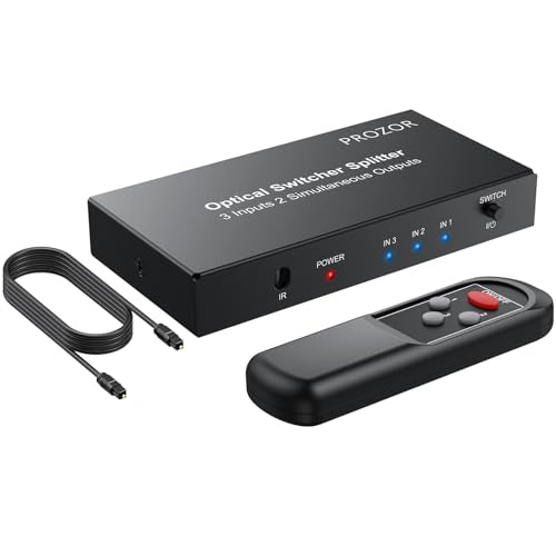 PROZOR Digital Audio Switcher Splitter - 3 in 2 Out 3 Port Spdif Toslink Optical Switch with Remote Control, Aluminum Alloy Material 2 Way Digital Audio Splitter Support LPCM 2.0 DTS Dolby-AC3 | with Remote Control Aluminum Alloy Material 2 Way 3 Port Spd