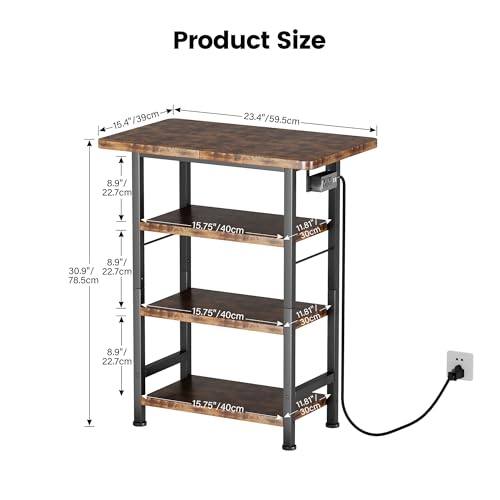 Homeiju 4-Tier AV Media Stand with Power Outlet, Wooden Record Player Stand, Entertainment Center with Storage Shelves, Stereo Stand DVD Stand for Bedroom, Living Room, Brown