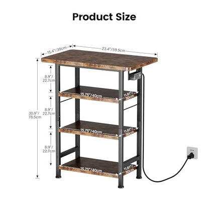 Homeiju 4-Tier AV Media Stand with Power Outlet, Wooden Record Player Stand, Entertainment Center with Storage Shelves, Stereo Stand DVD Stand for Bedroom, Living Room, Brown