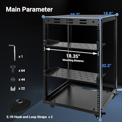 15U Open Frame Server Rack, Wall-mountable IT Rack w/Swivel Casters, 2 Rack Shelves, Top & Bottom Panels, Network Rack for Stereo/Computer/Data/IT/AV Equipment, 19.7”L x 18.8”W x 32.3”H - size: 15U