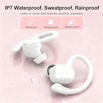sprtoybat Wireless Earbuds, 2026 New Bluetooth 5.4 Headphones Sport Earphones with 68Hrs Playtime LED Display ENC Noise Cancelling Mic, IPX7 Waterproof Over Ear Ear Buds with Hook for Sports/Running - color: Elegant White