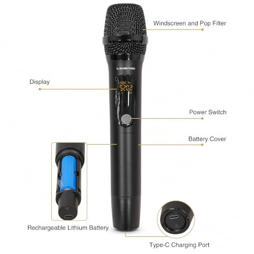 Sound Town 32-Channel Wireless Microphone Karaoke Mixer with 4 Rechargeable Metal Mics, Optical (Toslink), AUX for Smart TVs, Soundbars & Home Receivers, Tablet, PC (SWM15-4MAX) - color: Gloss Black