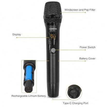 Sound Town 32-Channel Wireless Microphone Karaoke Mixer with 4 Rechargeable Metal Mics, Optical (Toslink), AUX for Smart TVs, Soundbars & Home Receivers, Tablet, PC (SWM15-4MAX) - color: Gloss Black