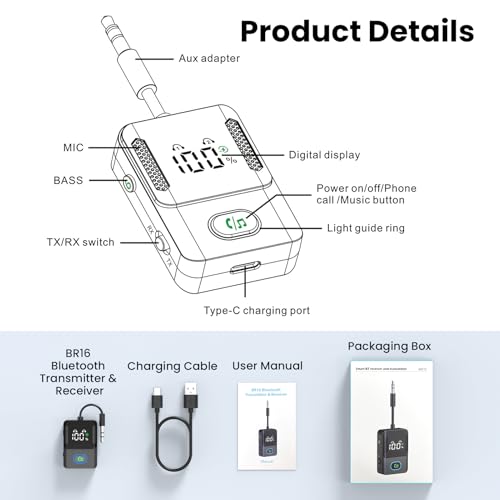 Bluetooth Transmitter Receiver for Airplane, TVs, 2 in 1 Wireless Bluetooth 5.3 Adapter Compatible with 2 Headphones, Cell Phones, 3.5mm AUX Jack Car Transmitter with LED Digital Display - color: Black