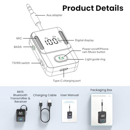 Bluetooth Transmitter Receiver for Airplane, TVs, 2 in 1 Wireless Bluetooth 5.3 Adapter Compatible with 2 Headphones, Cell Phones, 3.5mm AUX Jack Car Transmitter with LED Digital Display - color: Black