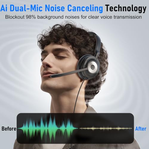 USB Headset with Microphone for PC, Active Noise Cancelling Headphones with ENC Noise Cancelling Mic, Wired Office Computer Headset with Mute for Call Center, Teams, Zoom