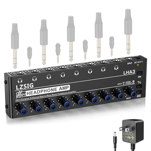 LZSIG Headphone Amplifier with Bass Boost, 8 Channel, 1 IN 8 OUT, DC 12V | Metal Stereo Audio Amplifier, Mini Earphone Splitter with Power Adapter, 1/4" & 1/8" TRS Headphones Output & TRS Audio Input - size: Large(8-channel)