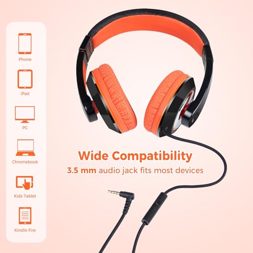 rockpapa Comfort+ Wired Kids Headphones with Microphone & 3.5mm for School - color: Orange/Black