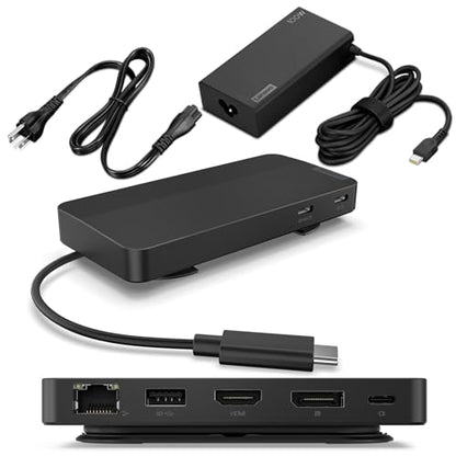 Lenovo USB-C Dual Display Travel Dock w/ 100W Power Adapter - 7 Ports, Integrated USB-C Cable, Universal Compatibility, Dual Displays at 4K - Black - style: USB 도크 + 어댑터