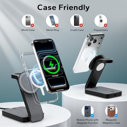 Eazpower 3 in 1 Foldable Wireless Charging Station for MagSafe, Nightstand Magnetic Charger Stand for iPhone 17 16 15 14 Pro Max, Travel Charging Dock with Night Light for Apple Watch/AirPods (Black) - color: Black