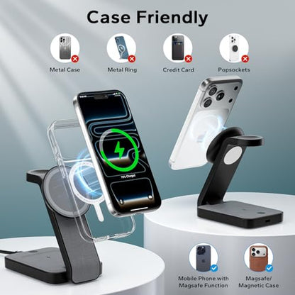 Eazpower 3 in 1 Foldable Wireless Charging Station for MagSafe, Nightstand Magnetic Charger Stand for iPhone 17 16 15 14 Pro Max, Travel Charging Dock with Night Light for Apple Watch/AirPods (Black) - color: Black