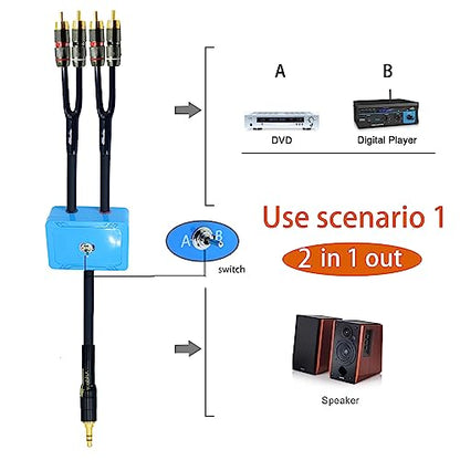 Arklove 3ft Sound Channel swicher 1/8" aux Input 3.5mm RCA Output Switch Selector 2 in 1 Out R/L Stereo Audio 1 in 2 Out Stereo Audio Splitter with Phone pc Player - size: 3ft, style: 3.5male-4rca switch