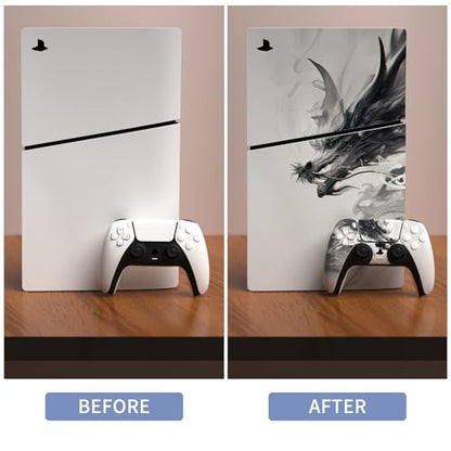 PlayVital Full Set Skin Sticker for ps5 Slim Console Disc Edition (The New Smaller Design), Vinyl Skin Decal Cover for ps5 Controller & Headset & Charging Station - Ink Spirit Dragon | Vinyl sticker, protective film for PS5 controller, charging station, h