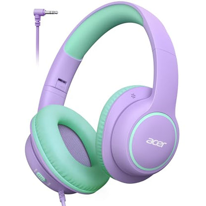 Acer OHW328 Kids Headphones Wired for School - Over Ear Design | 85/94dB Safe Volume, 3.5mm Jack Foldable Headphones for Kids Girls Classroom Yoto Player Chromebook Travel Purple Green - color: Purple Green