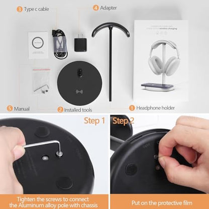 Miroddi Headphone Stand with Wireless Charger, Independent USB Charging Port, 5 in 1 Charging Station Headset Holder Rack for AirPods Max/Pro/4/3/2, iWatch, iPhone, Samsung and Desk Headphones, Black - color: Black-Upgrade