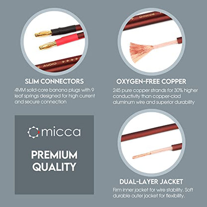 Micca 14-Gauge Pure Copper Speaker Cable Pair, 13 ft Each, Banana Plugs | Gold Plated, 245-Strands per Wire, Soldered Joints, Dual-Layer Jacket, Slim Low Profile, Stereo or Home Theater, 4-Meter - size: 14 AWG, 13 Feet (4M)