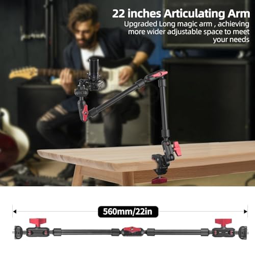 HEMMOTOP 22in Magic Arm Clamp with 1/4" - 3/8" Thread Screw MS08 | Adjustable Phone Holder, 360° Rotation, Long Articulating Arm Camera for Microphone, LED Lights, iPhone, Tripod, Desk, Table