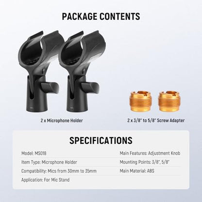 NEEWER BASICS Microphone Holder Accessories Kit 2 Pack, Adjustable Mic Clips with Non Slip Design & 3/8" to 5/8" Screw Adapters for Universal Wired Wireless Handheld Mics from 30mm to 35mm, MS018