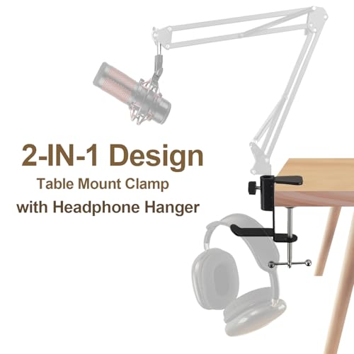 Table Clamp Mount for Microphone stand, Microphone Clamps for Desk with Headphone Hanger, Metal Desk Clamp for Microphone suitable for swing arm phone stand, Table Mounting Clamp hang hat Handbag
