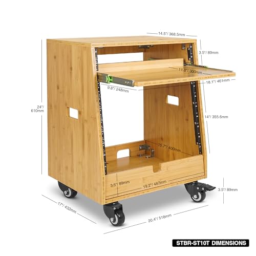 Sound Town DIY Slanted 10U Studio Rack (2U Top + 8U Lower) with Slide-Out Tray, 2U Bottom Storage & Casters, Solid Carbonized Bamboo Audio Equipment Rack for Recording Room & Home Studio (STBR-ST10T) - size: 10U(2U Top + 8U Lower),Carbonized Bamboo