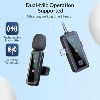 Wireless Mini Microphone for iPhone - 2 Pack Lavalier Microphone for Video Recording, 3-in-1 Noise Reduction Lapel Mic for Ipad, Android, Clip-on Mic for Content Creators Podcast