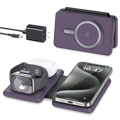 Wireless Charger iPhone - 3 in 1 Charging Station for Apple Devices for iPhone 17 16 15 14 13 12 Pro Max Plus - Foldable Magnetic Charging Pad for Apple Watch Series & Airpods Series - color: Purple