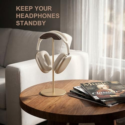 Headphone Stand, Walnut Wood & Aluminum Headset Stand, Nature Walnut Gaming Headset Holder with Solid Heavy Base for All Headphone Sizes (Gold) - color: Gold