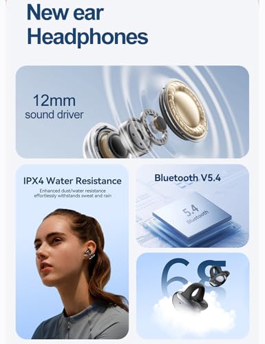 Open Ear Clip Headphones, Bluetooth 5.3 Wireless Earbuds 12H Playtime, DT5.0 Leakproof Stereo Bass, CVC 8.0 Noise Cancelling Mic, IPX5 Waterproof, Secure Comfort Fit for Running, Work, Driving
