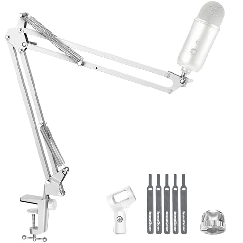 InnoGear Boom Arm 마이크 스탠드 Blue Yeti Fifine HyperX용, 화이트 | 책상 마운트, 데스크탑 스탠드, 조절 가능한 범위, 완전히 회전, 컴팩트하게 접힘, 게임, 스트리밍 또는 녹화용 - color: 화이트., style: 표준 마이크 암