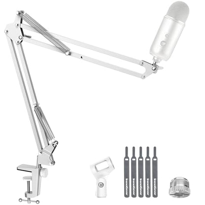 InnoGear Boom Arm 마이크 스탠드 Blue Yeti Fifine HyperX용, 화이트 | 책상 마운트, 데스크탑 스탠드, 조절 가능한 범위, 완전히 회전, 컴팩트하게 접힘, 게임, 스트리밍 또는 녹화용 - color: 화이트., style: 표준 마이크 암