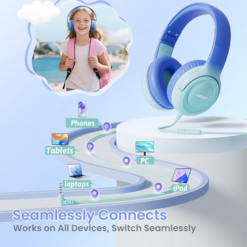 Acer Kids Headphones for School, 85-94dB Limiter, 3.5mm Jack, w/Mic HK03 | Foldable Wired Over Ear Headphones, for Toddler School/Travel/iPad/Tablet, Blue-Gradient - color: Blue Gradient
