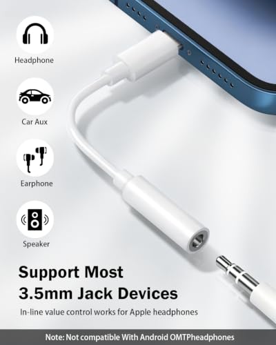 [Apple MFi Certified] Lightning to 3.5mm Headphone Jack Adapter for iPhone | Clear Audio for Music and Media; Compatible with iPhone 14/13/12/11/X/XS/8/7; Compact White 3-Pack, Plug and Play. - size: 3 Pack