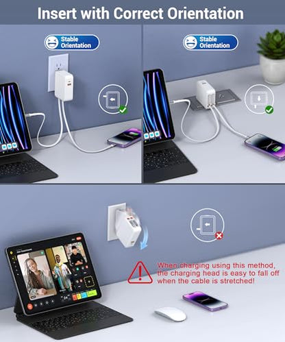 65W Retractable Wall Charger with Dual Cables,4-in-1 Retractable Phone Charger Wall Plug with USB Ports,2.6FT PD Cable&2 Ports,Fast Charging for iPhone 17/16/15,MacBook Pro/Air,Galaxy,Pixel,Travel