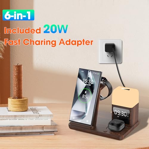 Wireless Charger for Samsung/Android Charging Station, 6 in 1 Fast Watch Charger with Alarm Clock-Night Light, Compatible for Galaxy S25 Ultra/S24, Only for Samsung Watch8/7, Galaxy Buds3 Pro(Walnut) - color: Walnut